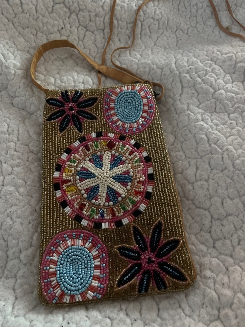Handmade Beaded Crossbody Phone Pouch-room 4 keys, money/ Gold w/ Pink & Blue